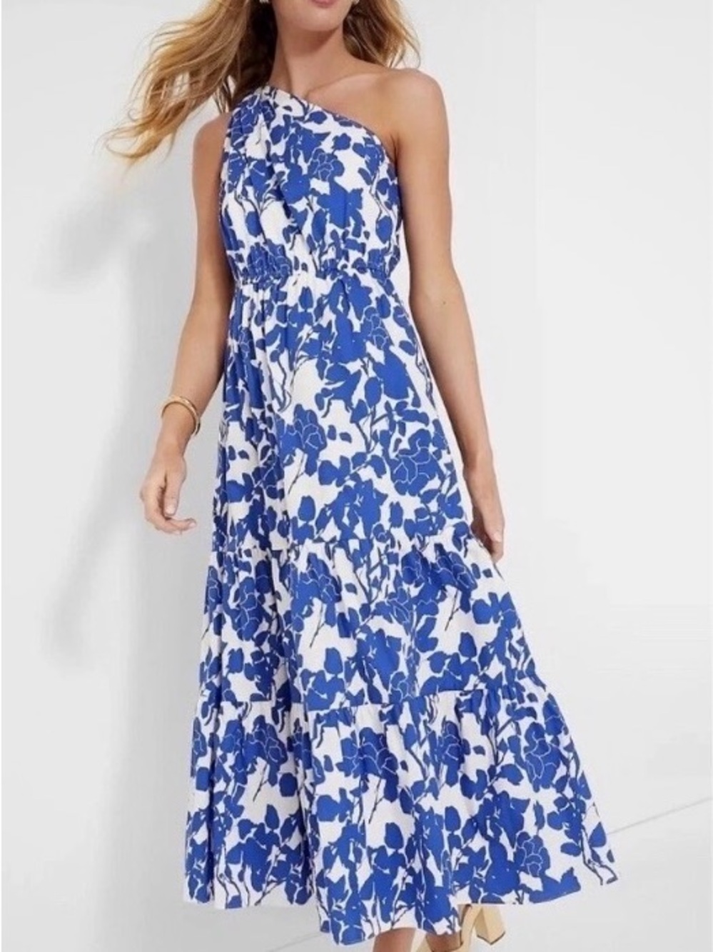 Blue Floral One-Shoulder Maxi Dress